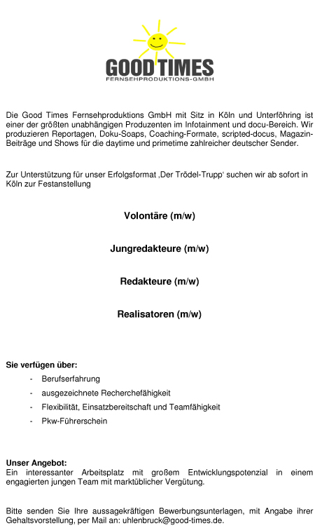 Volont�re, Jungredakteure, Redakteure, Realisatoren (m/w)