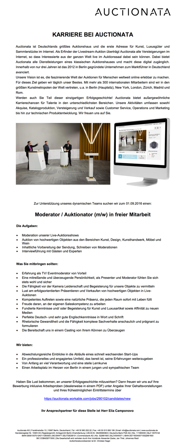 Moderator / Auktionator (m/w) in freier Mitarbeit