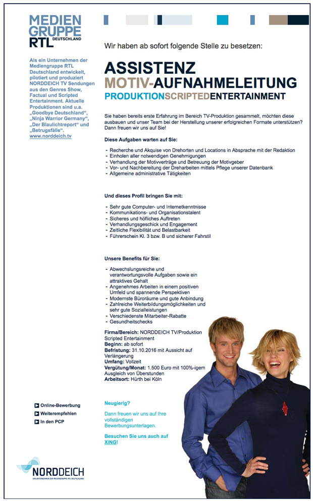 Assistenz Motiv-Aufnahmeleitung Produktion Scripted Entertainment