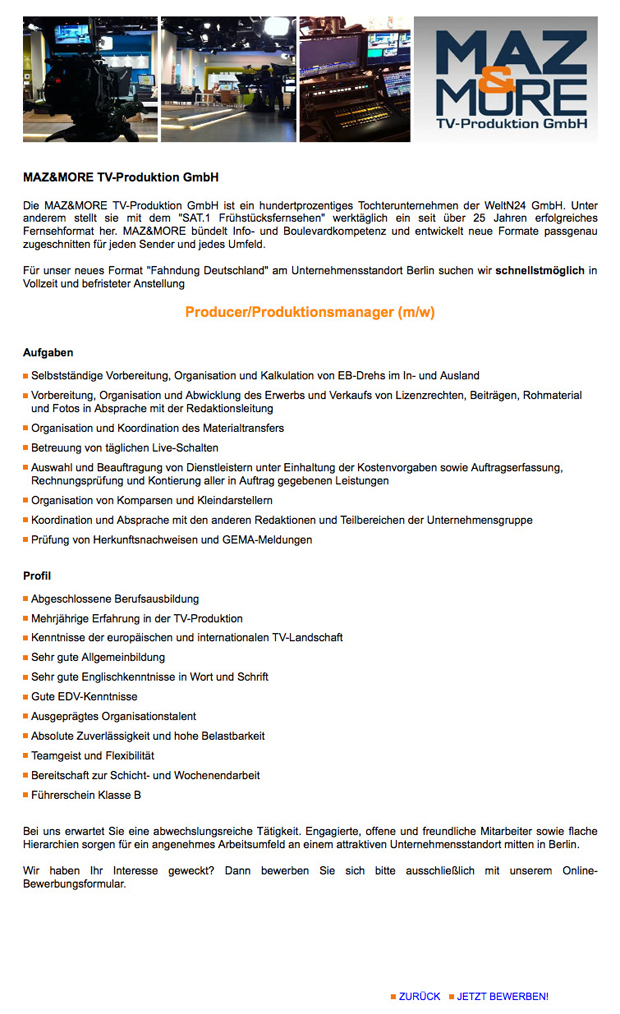 Producer / Produktionsmanager (m/w)