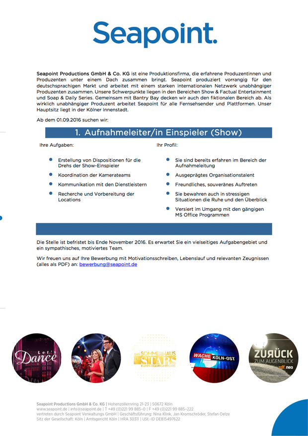 1. Aufnahmeleiter/in Einspieler (Show)