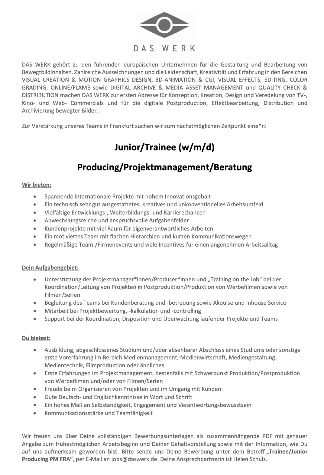 Junior / Trainee (w/m/d) - Producing / Projektmanagement / Beratung