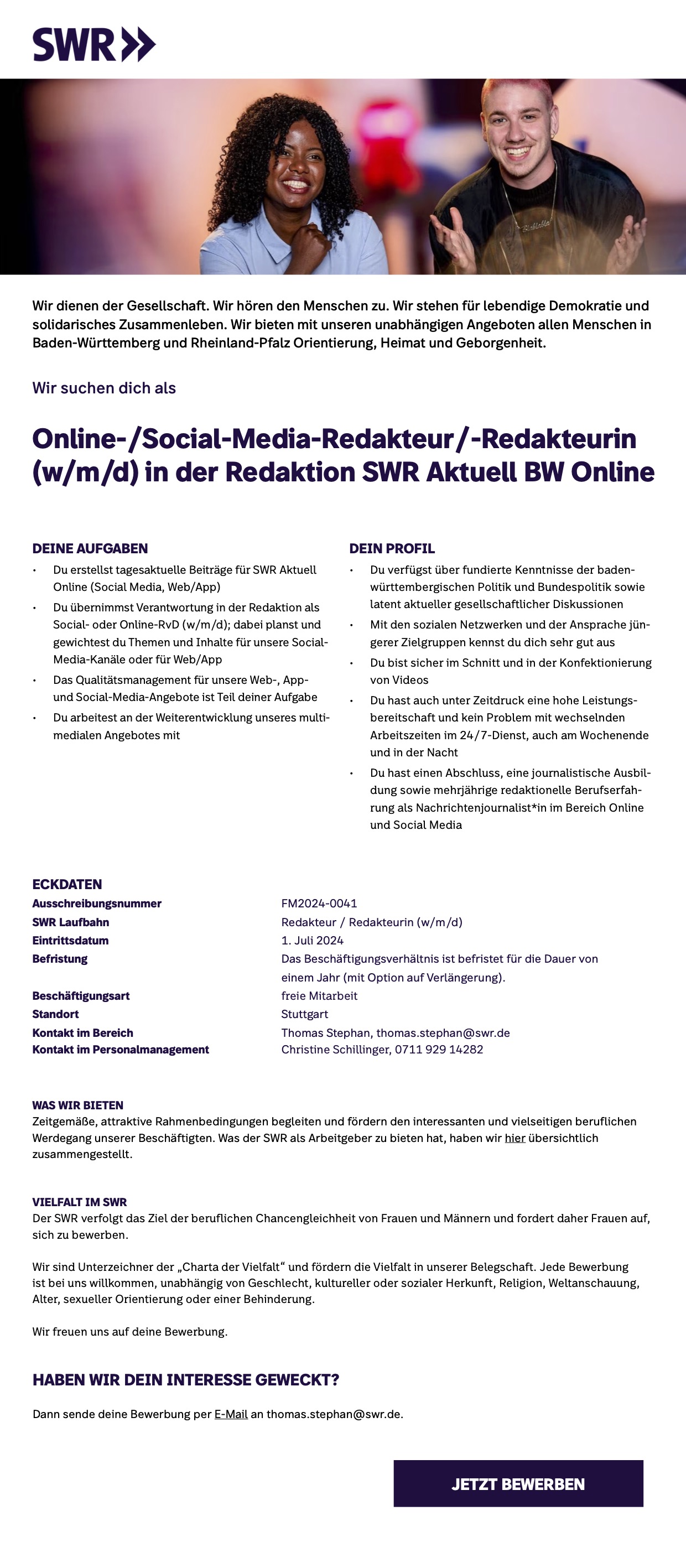 Online-/ Social-Media-Redakteur /-Redakteurin (w/m/d) Redaktion SWR Aktuell BW Online