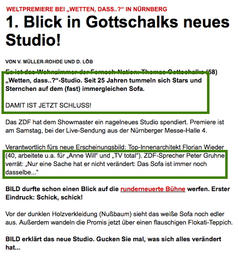 Wetten, dass-Artikel bei Bild.de