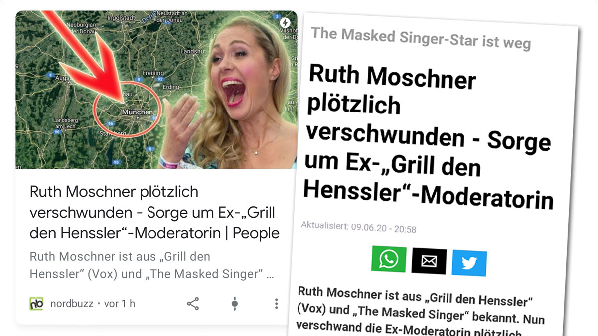 Nordbuzz-Schlagzeile über Ruth Moschners angebliches Verschwinden