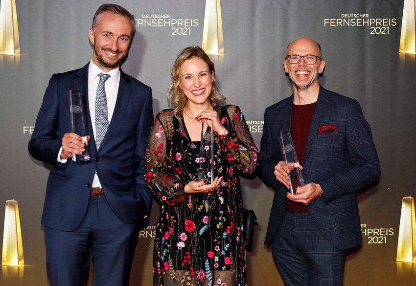 Hanna Herbst, Jan Böhmermann und Markus Hennig beim Fernsehpreis 2021