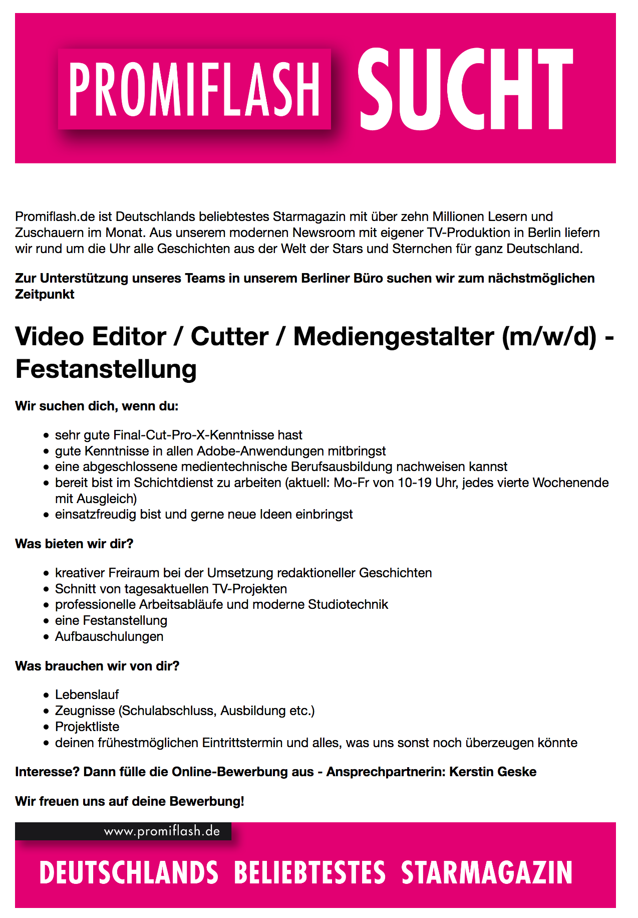 Video Editor / Cutter / Mediengestalter (m/w/d) - Festanstellung