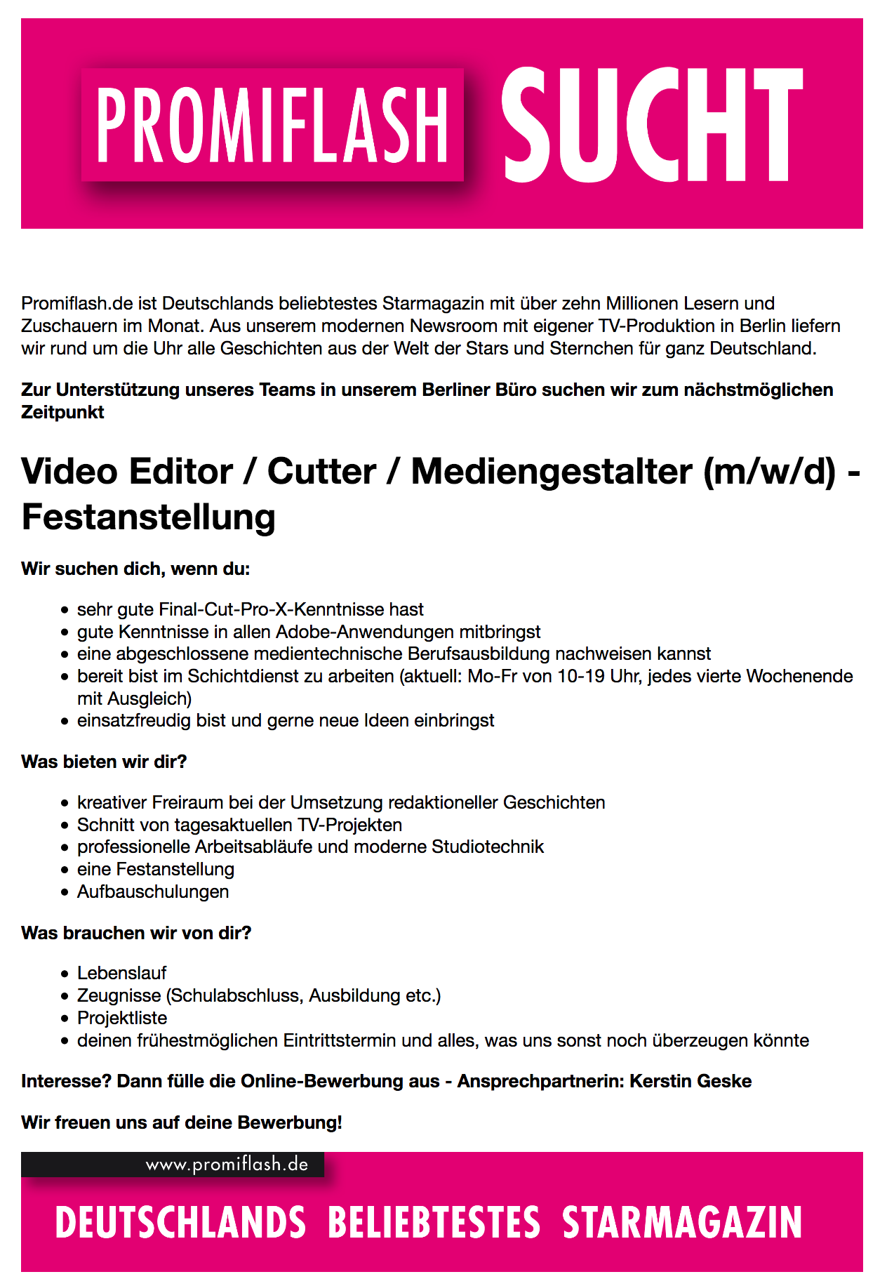 Video Editor Cutter Mediengestalter M W D Festanstellung Bei Celebrity News Ag Dwdl Jobs