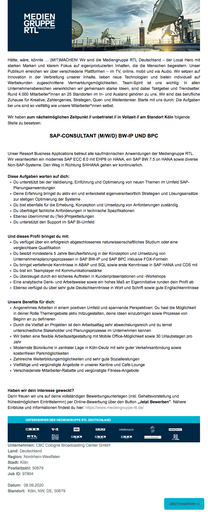 Sap Consultant M W D Bw Ip Und Bpc Cbc Bei Mediengruppe Rtl Deutschland Dwdl Jobs