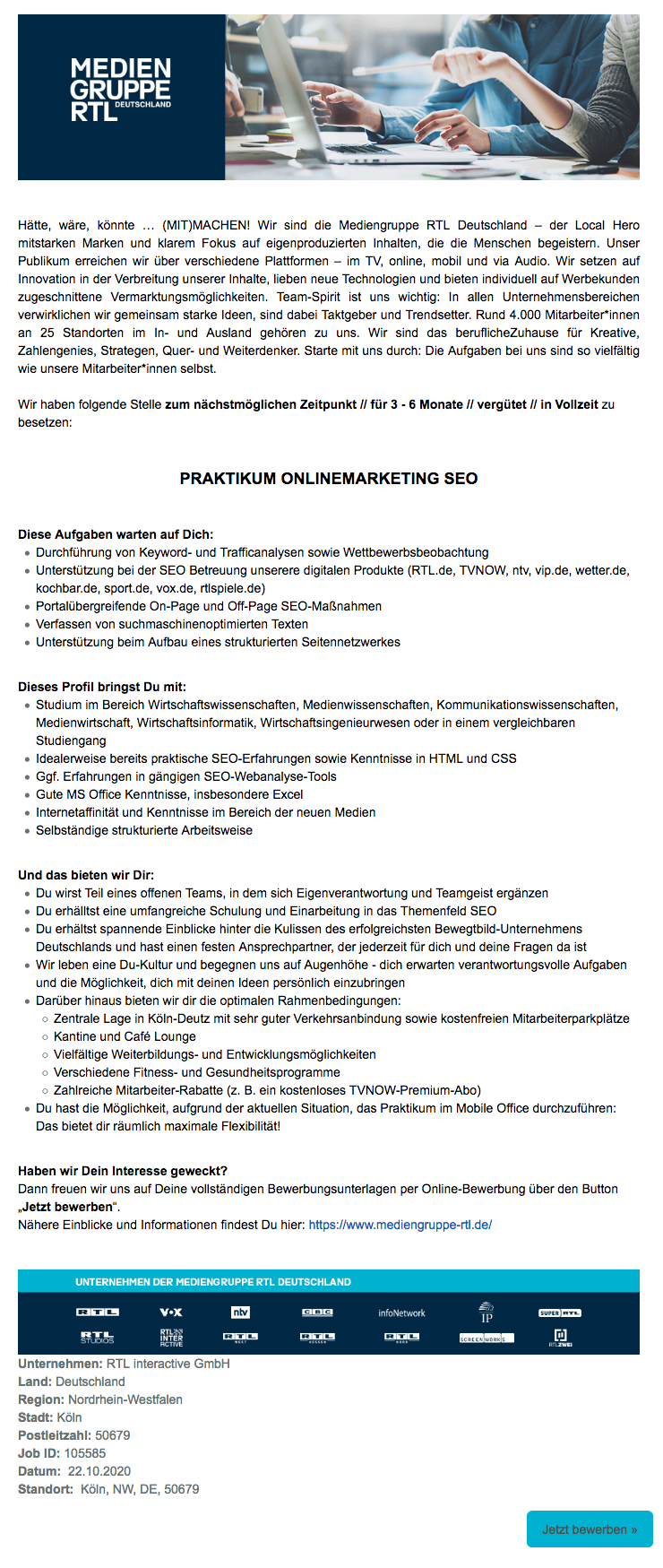 Praktikum Onlinemarketing Seo Rtl Interactive Bei Mediengruppe Rtl Deutschland Dwdl Jobs