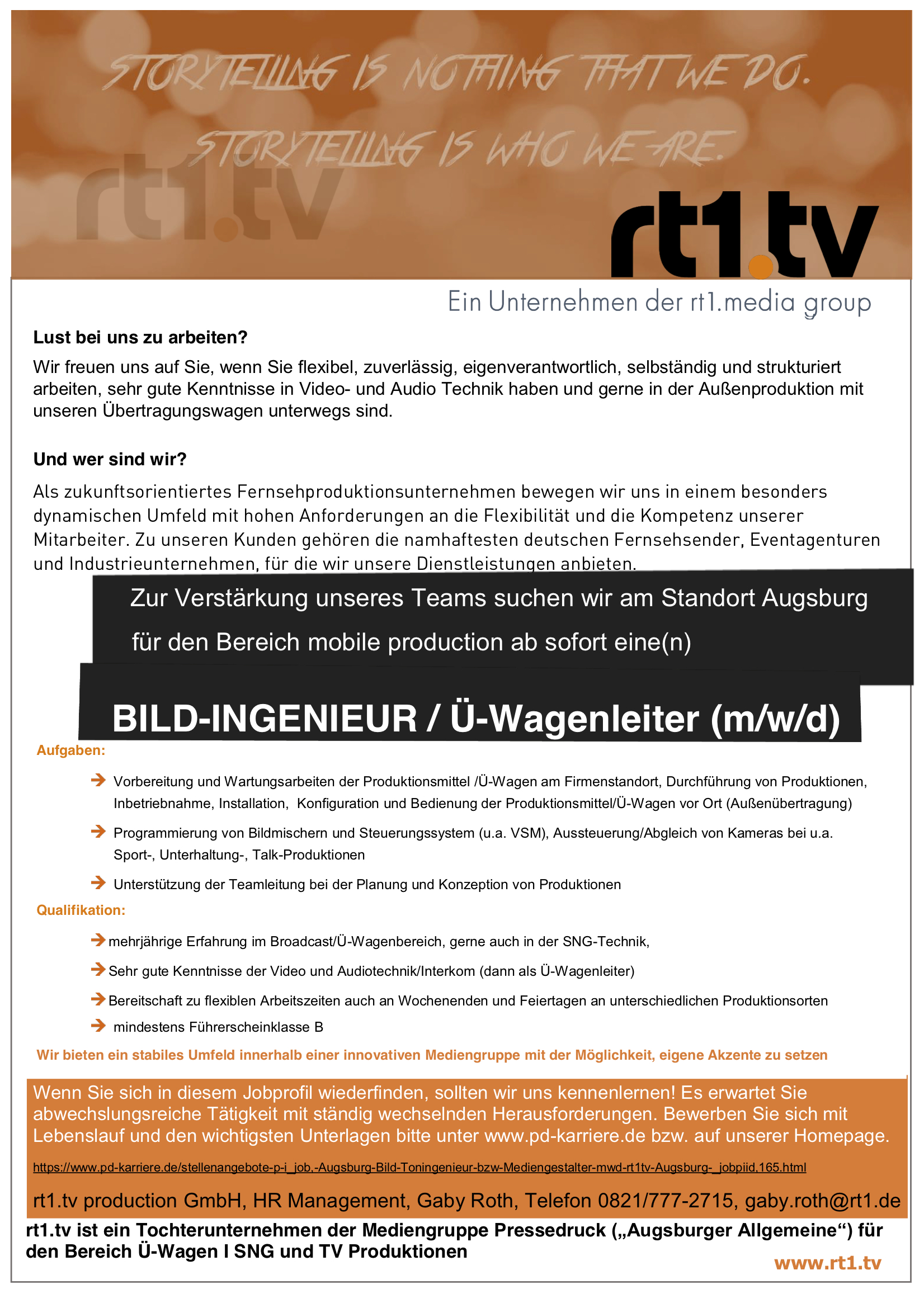 Bild Ingenieur U Wagenleiter M W D Bei Rt1 Tv Production Gmbh Dwdl Jobs