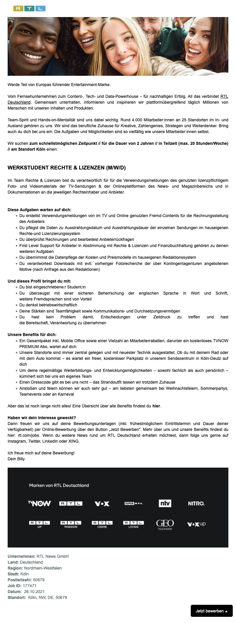 Werkstudent Rechte & Lizenzen (m/w/d) (RTL NEWS)