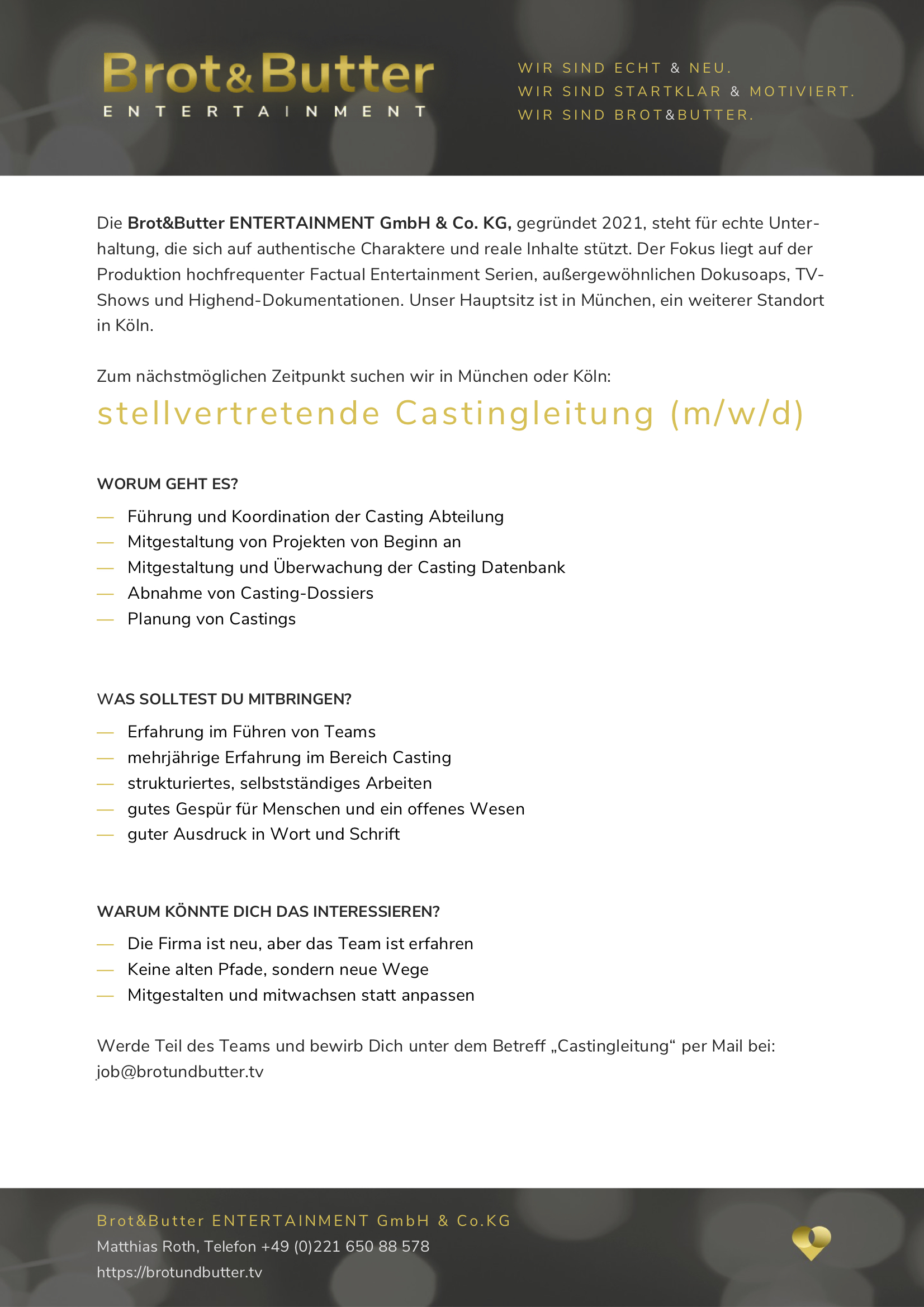 Stellvertretender Castingleiter (m/w/d)