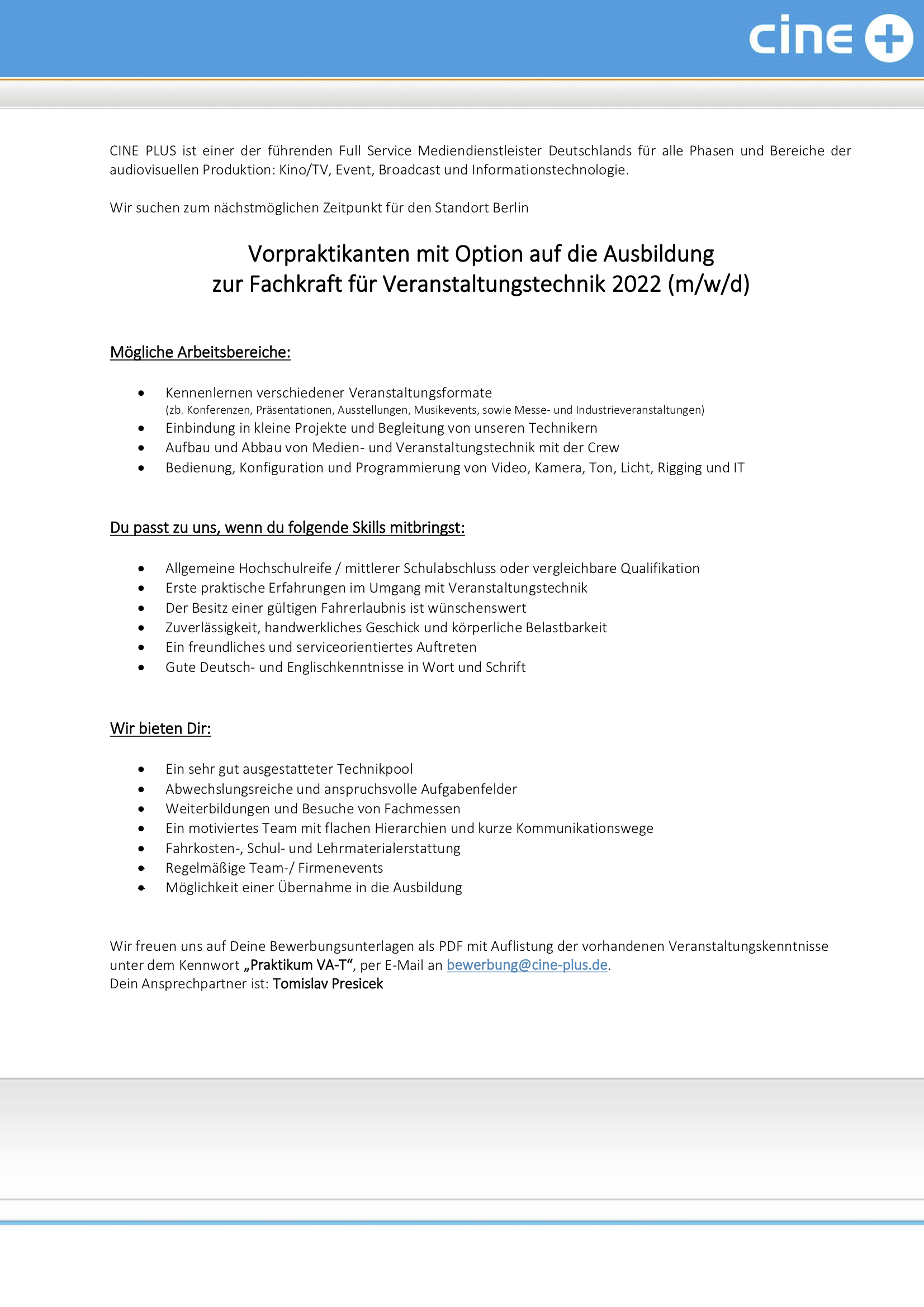 Vorpraktikanten, Opt. auf Ausb. Fachkraft für Veranstaltungstechnik (m/w/d)
