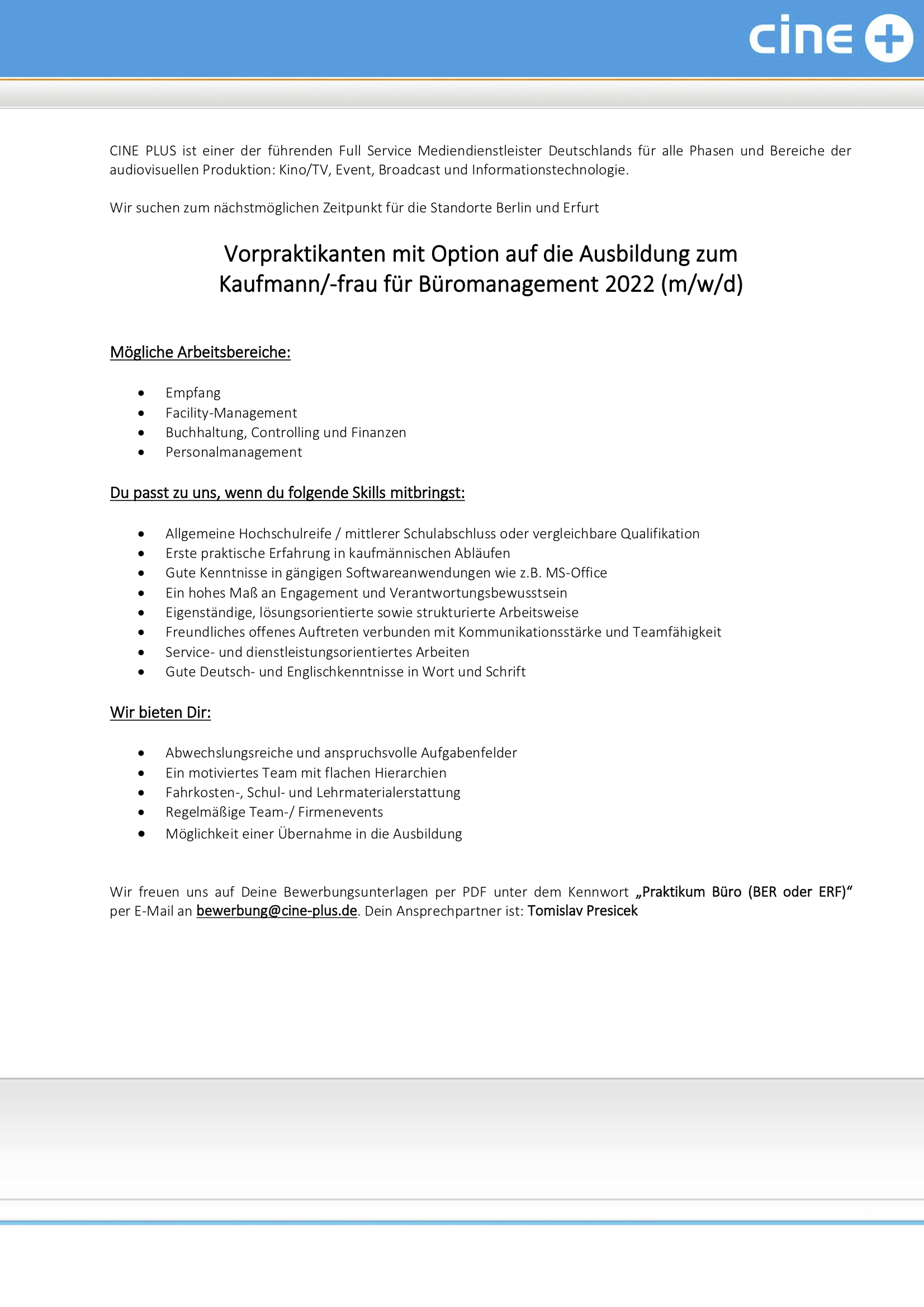 Vorpraktikanten, Opt. auf Ausb. Kaufmann/-frau für Büromanagement (m/w/d)
