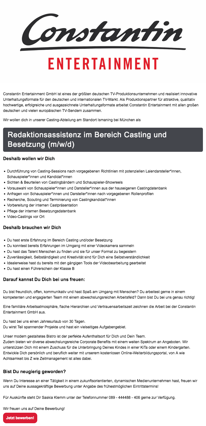 Redaktionsassistenz im Bereich Casting und Besetzung (m/w/d)