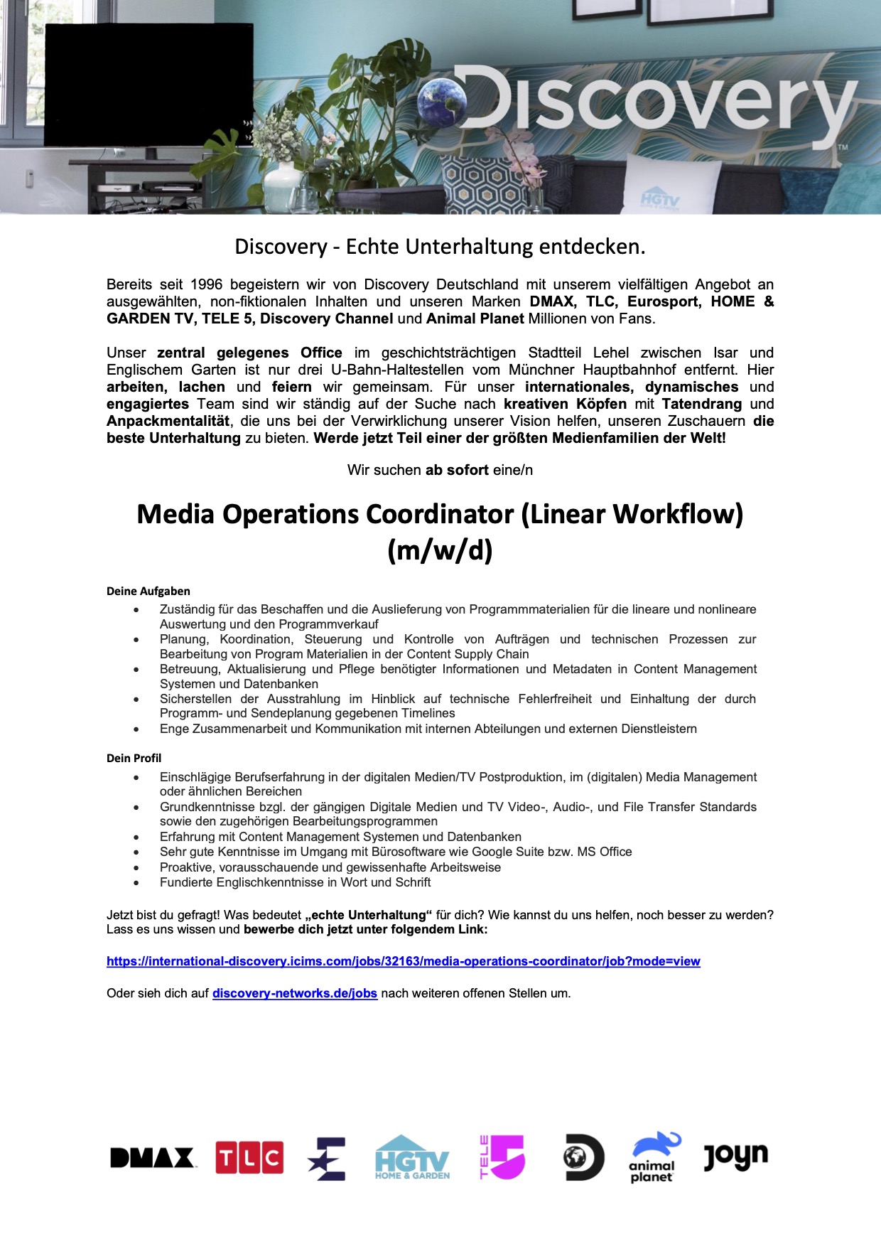 Media Operations Coordinator (Linear Workflow) (m/w/d)