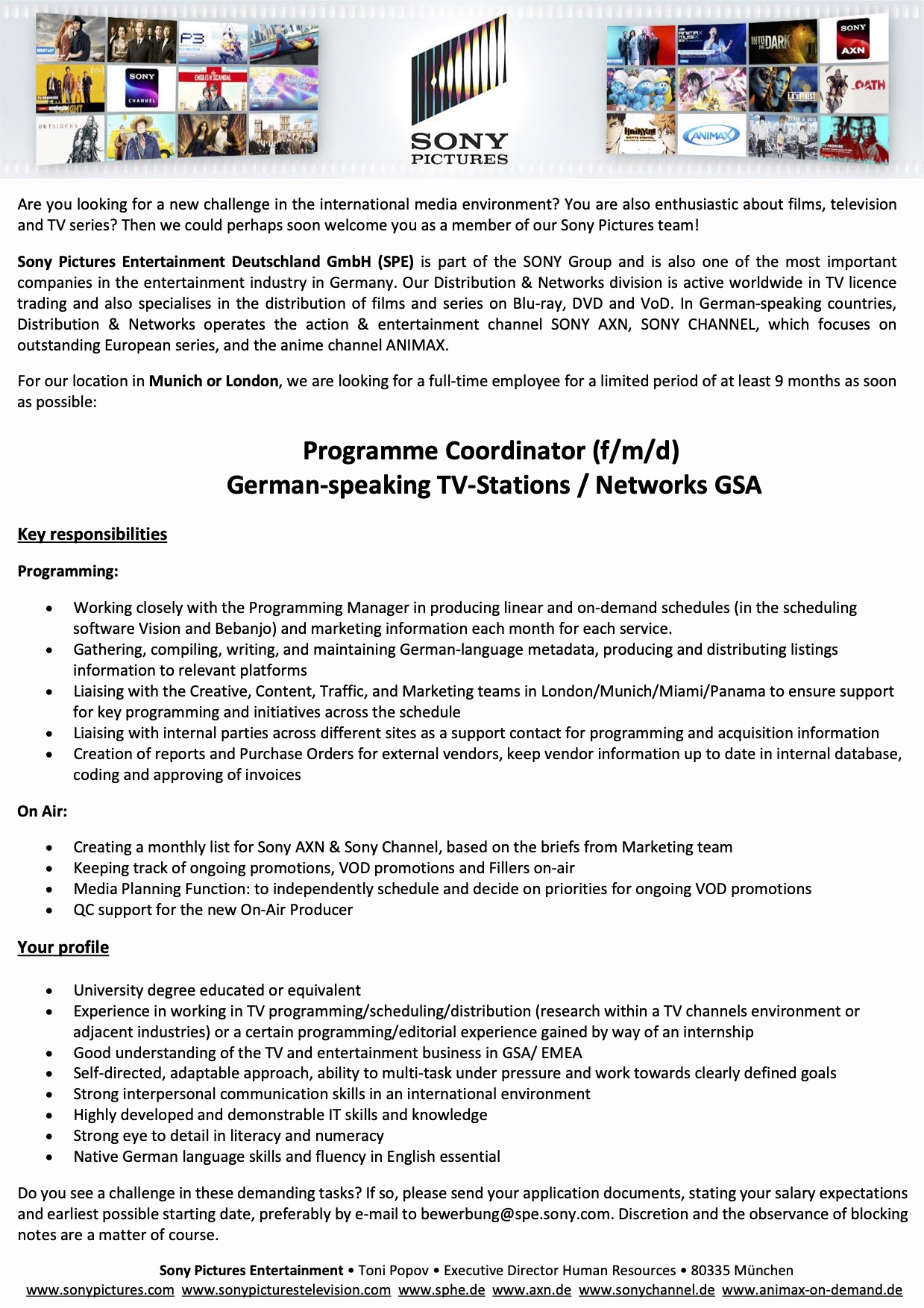 Programming & On Air Coordinator (f/m/d) German-speaking TV-Stations / Networks GSA