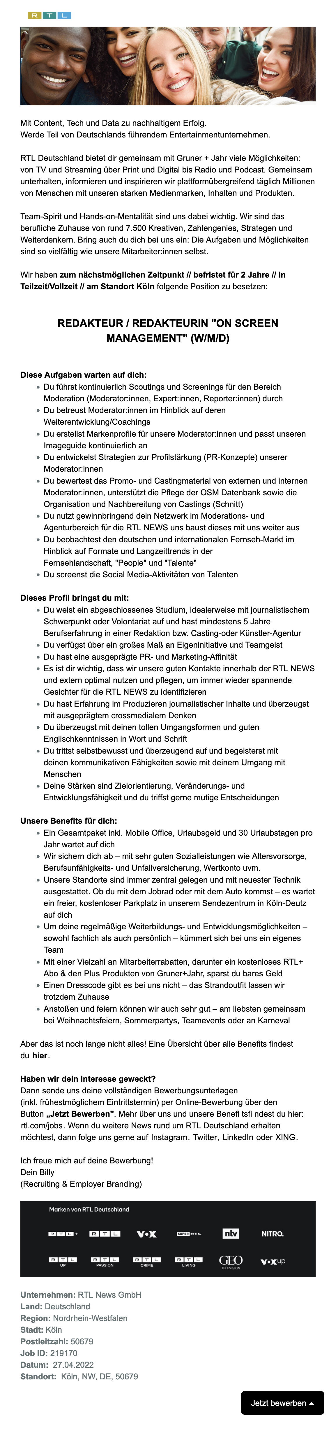 Redakteur - OnScreen Management (w/m/d) (RTL NEWS)