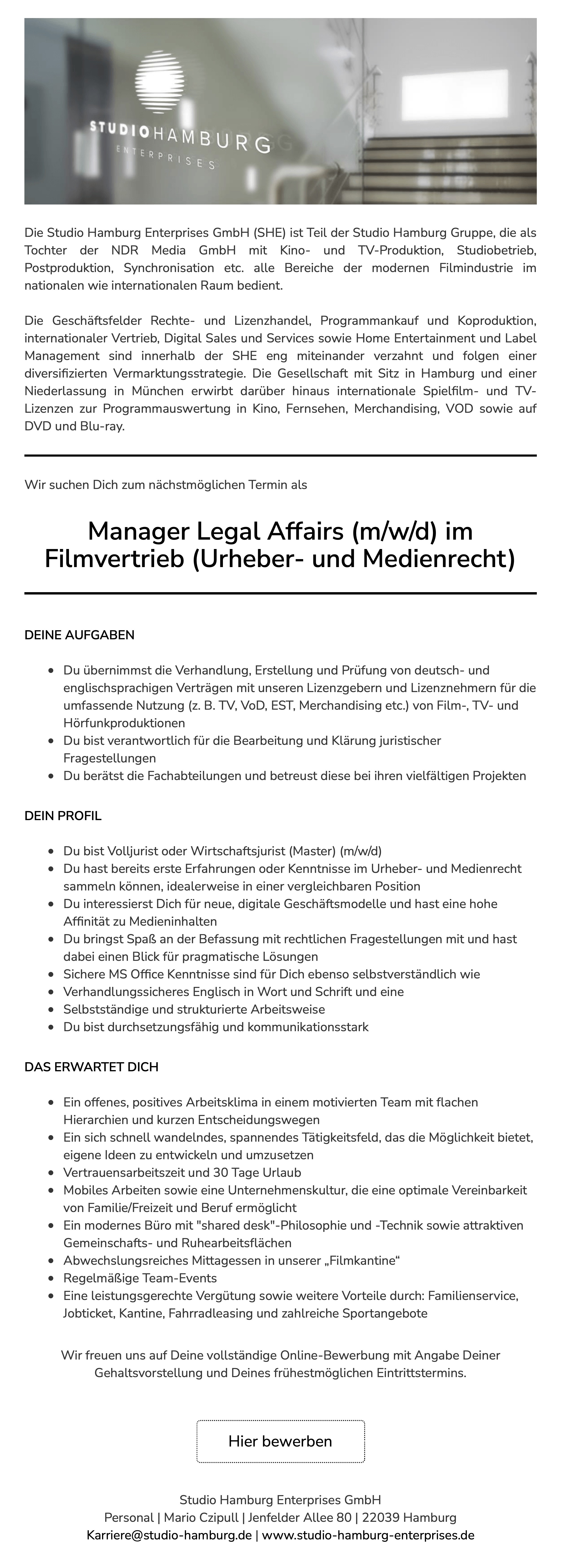 Manager Legal Affairs (m/w/d) im Filmvertrieb (Urheber- und Medienrecht)