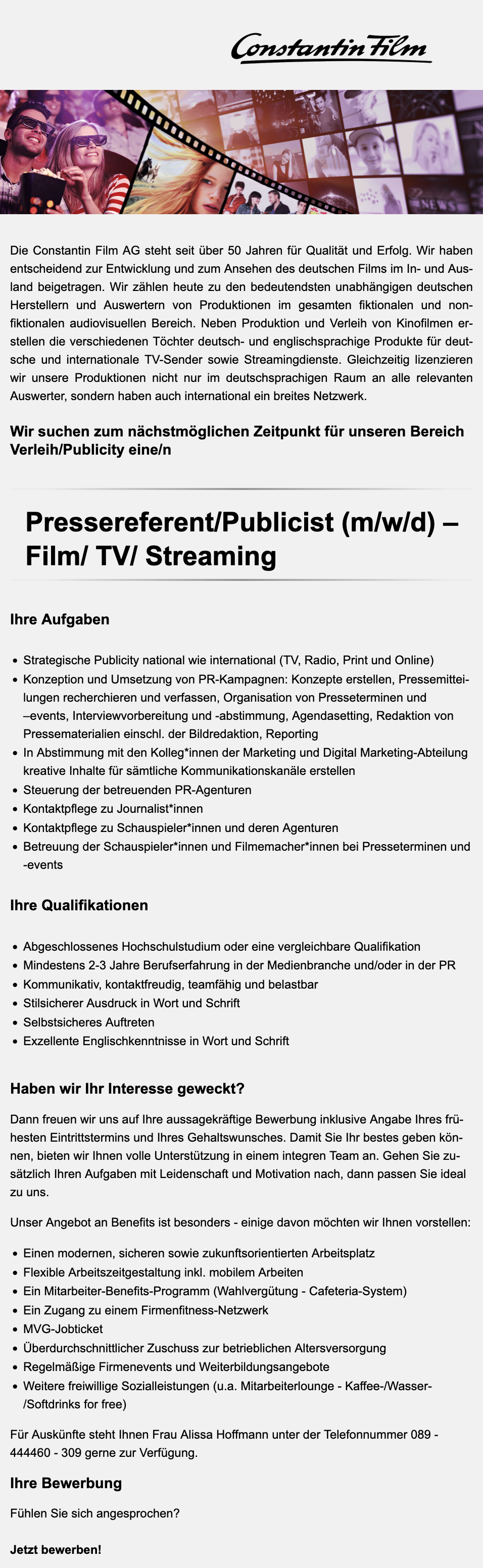 Pressereferent/Publicist (m/w/d) – Film/ TV/ Streaming