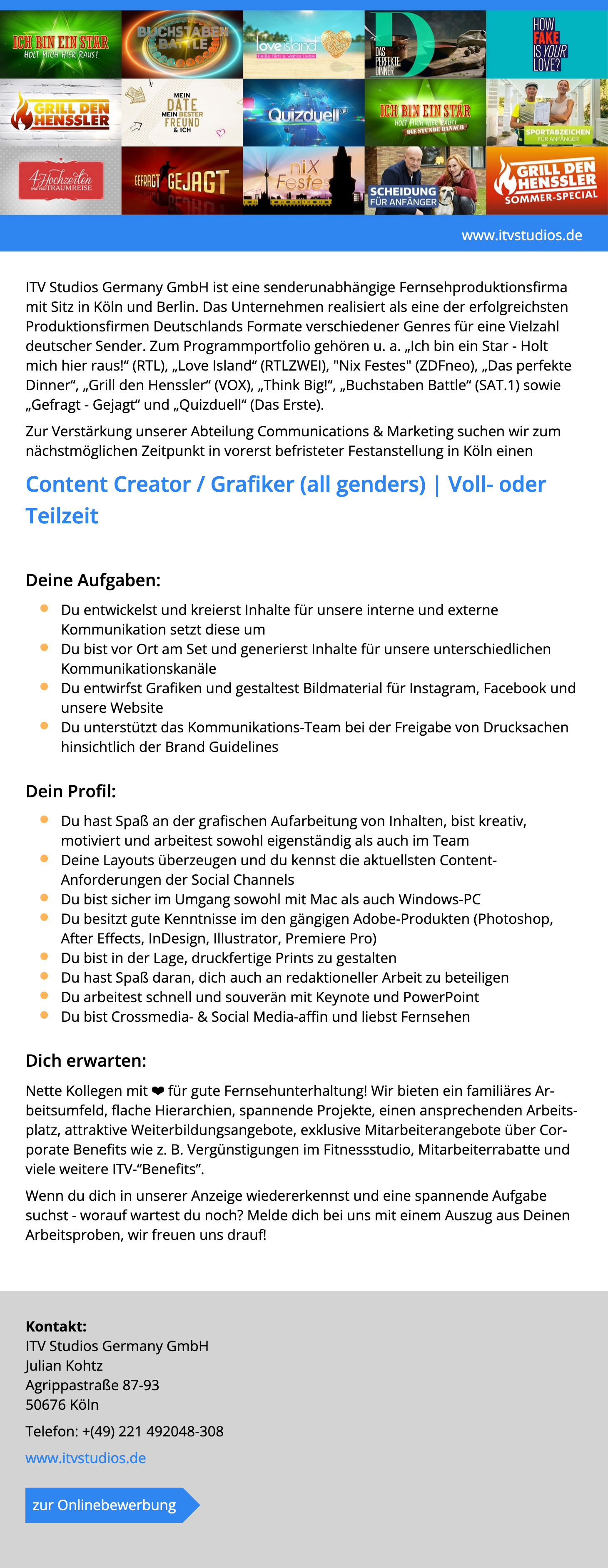 Content Creator / Grafiker (all genders) Voll- oder Teilzeit
