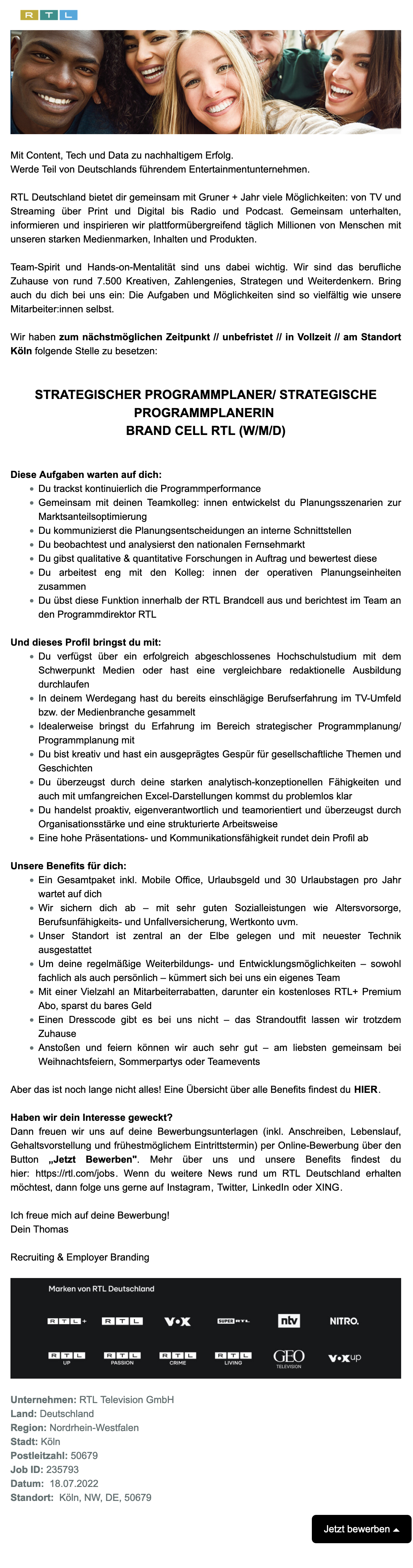 Strategischer Programmplaner Brand Cell RTL (w/m/d)