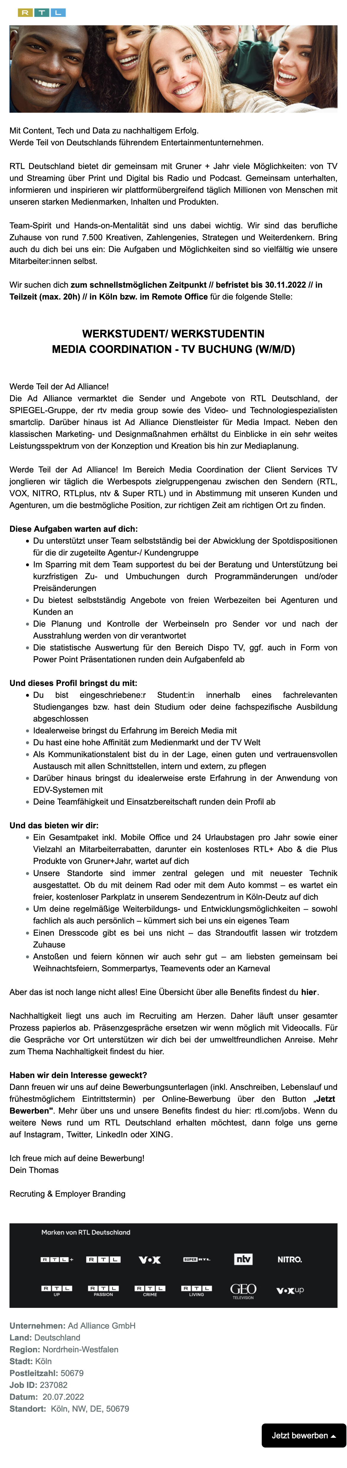 Werkstudent Media Coordination - TV Buchung (w/m/d)(Ad Alliance)