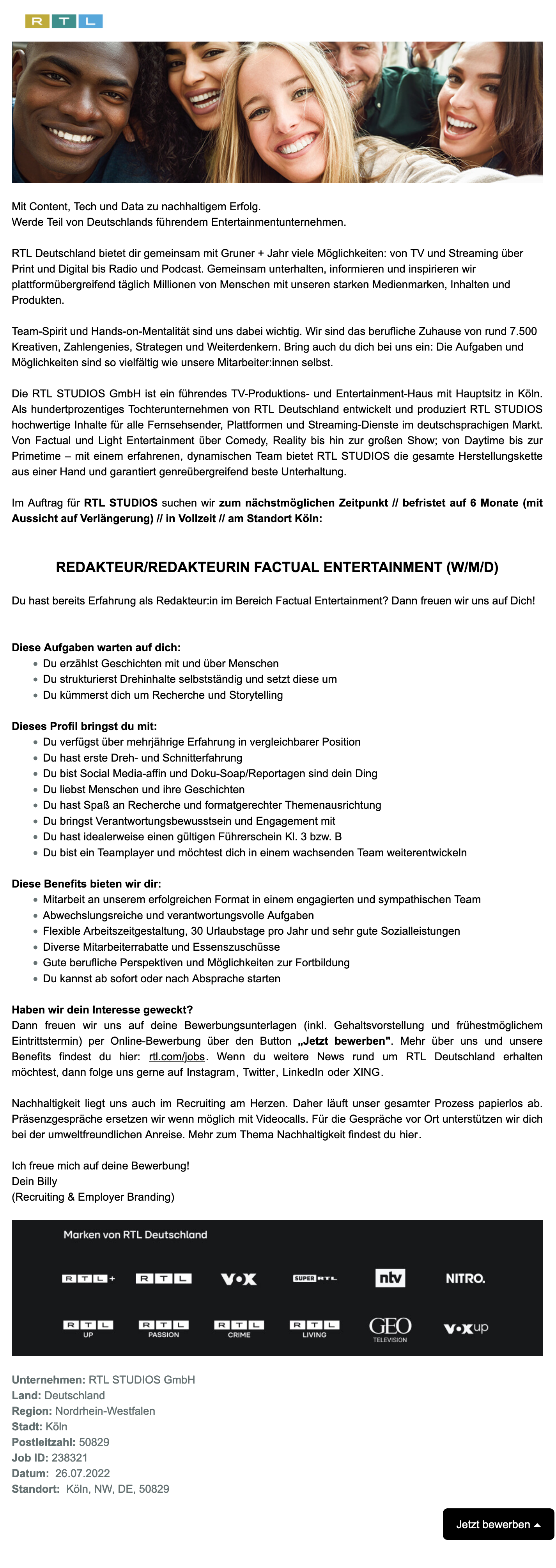 Redakteur Factual Entertainment (w/m/d) (RTL STUDIOS)