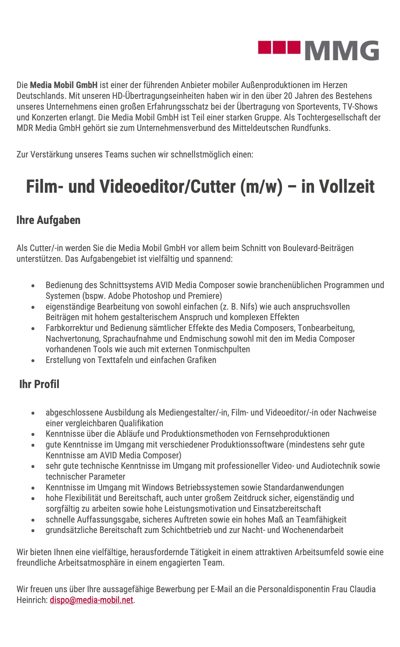 Film- und Videoeditor / Cutter (m/w) - in Vollzeit