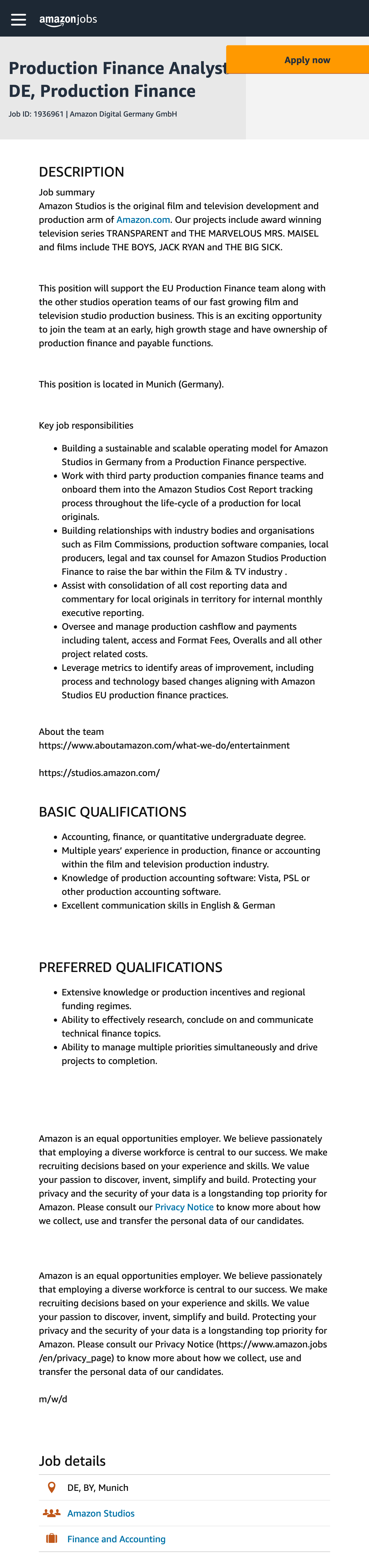 Production Finance Analyst DE, Production Finance (m/f/d)