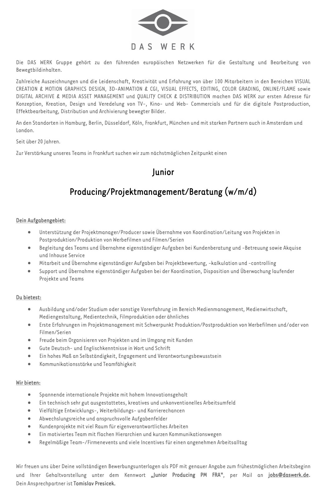 Junior Producing / Projektmanagement / Beratung (w/m/d)