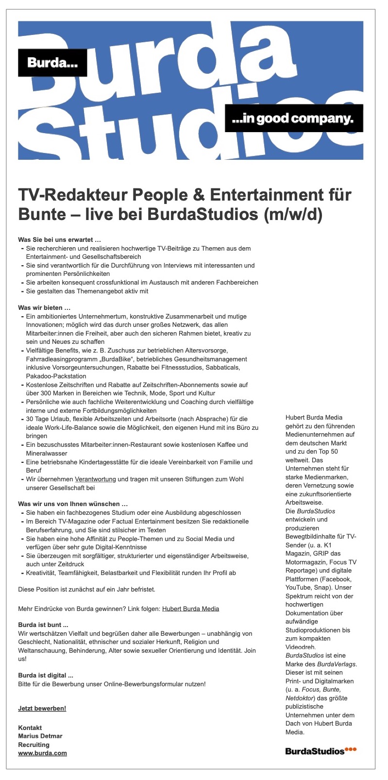 TV-Redakteur People & Entertainment für Bunte – live bei BurdaStudios (m/w/d)