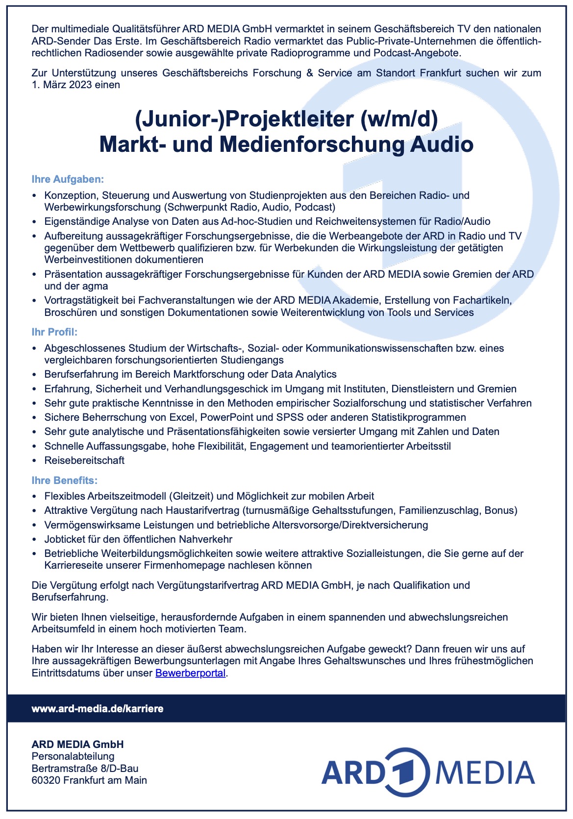 (Junior-) Projektleiter (w/m/d) Markt- und Medienforschung Audio
