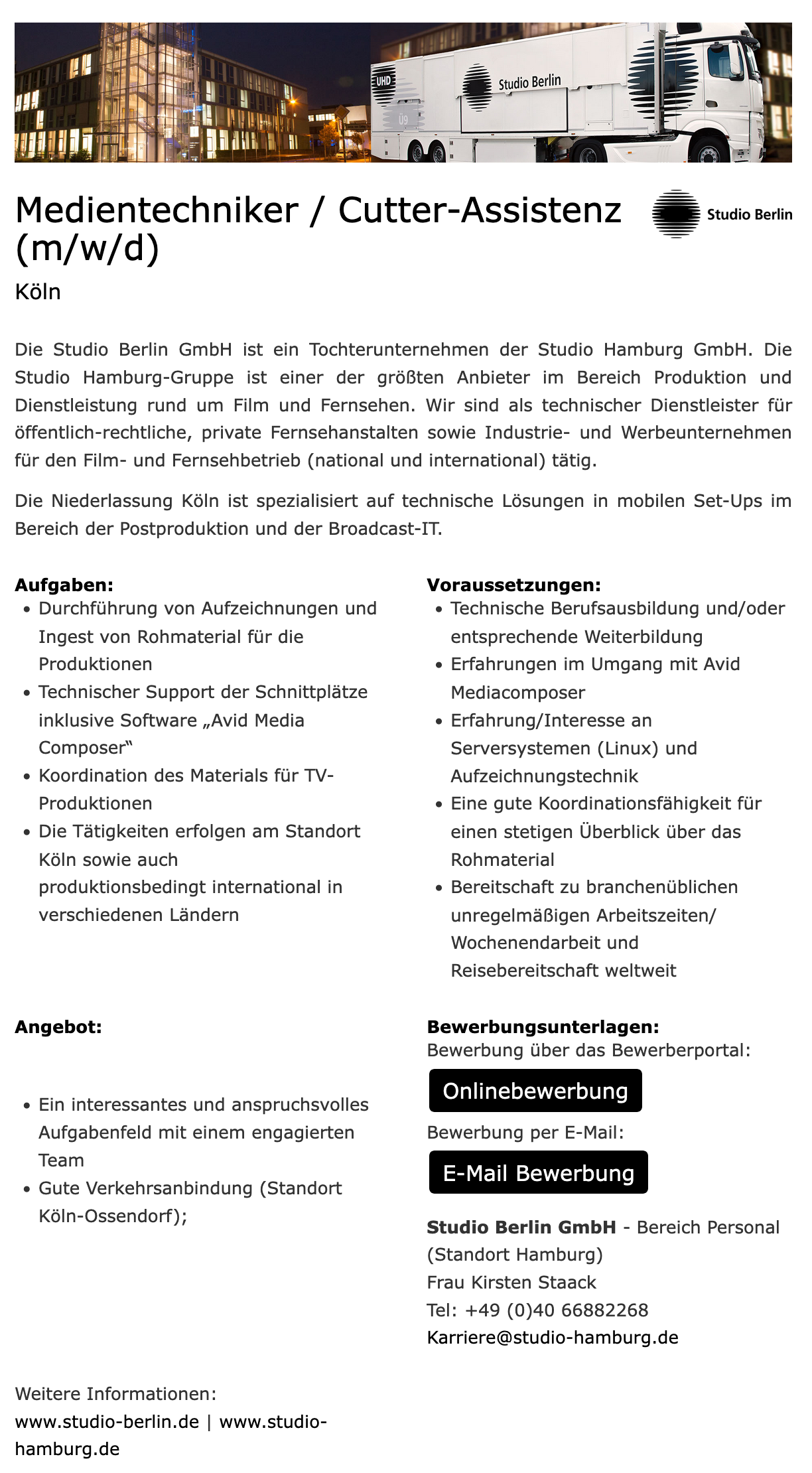 Medientechniker / Cutter-Assistenz (m/w/d)