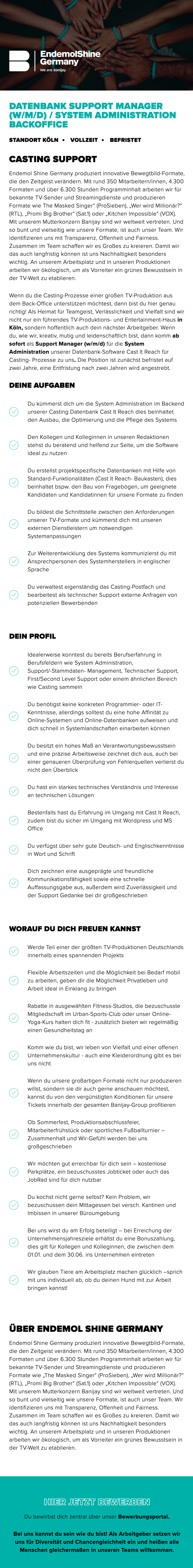 Datenbank Support Manager (w/m/d) / System Administration Backoffice 