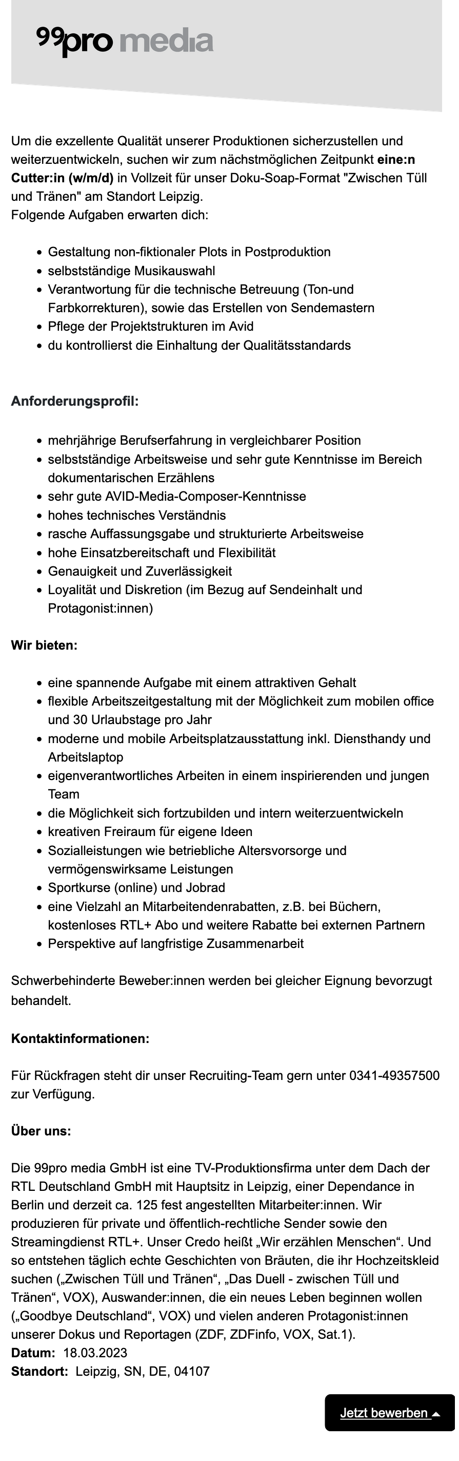 Erfahrene/r Cutter:in (m/w/d) in Leipzig