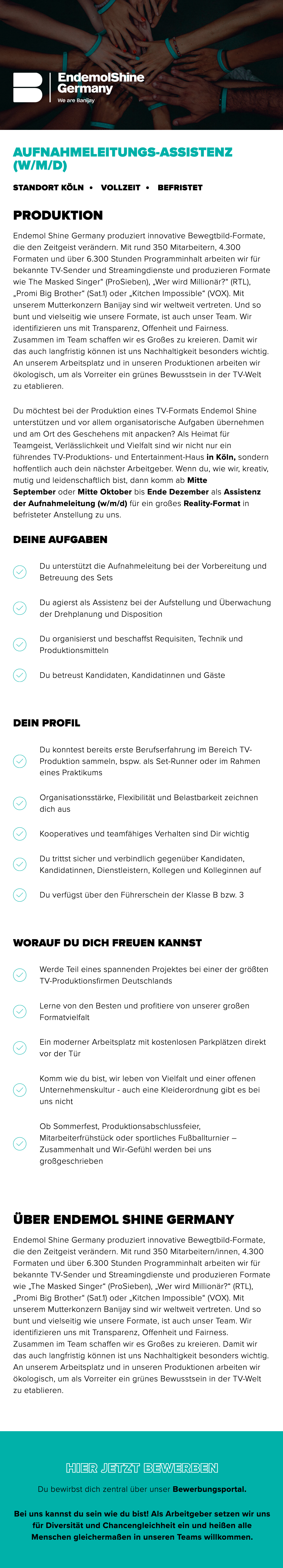 Assistenz der Aufnahmeleitung (w/m/d) für ein großes Reality-Format