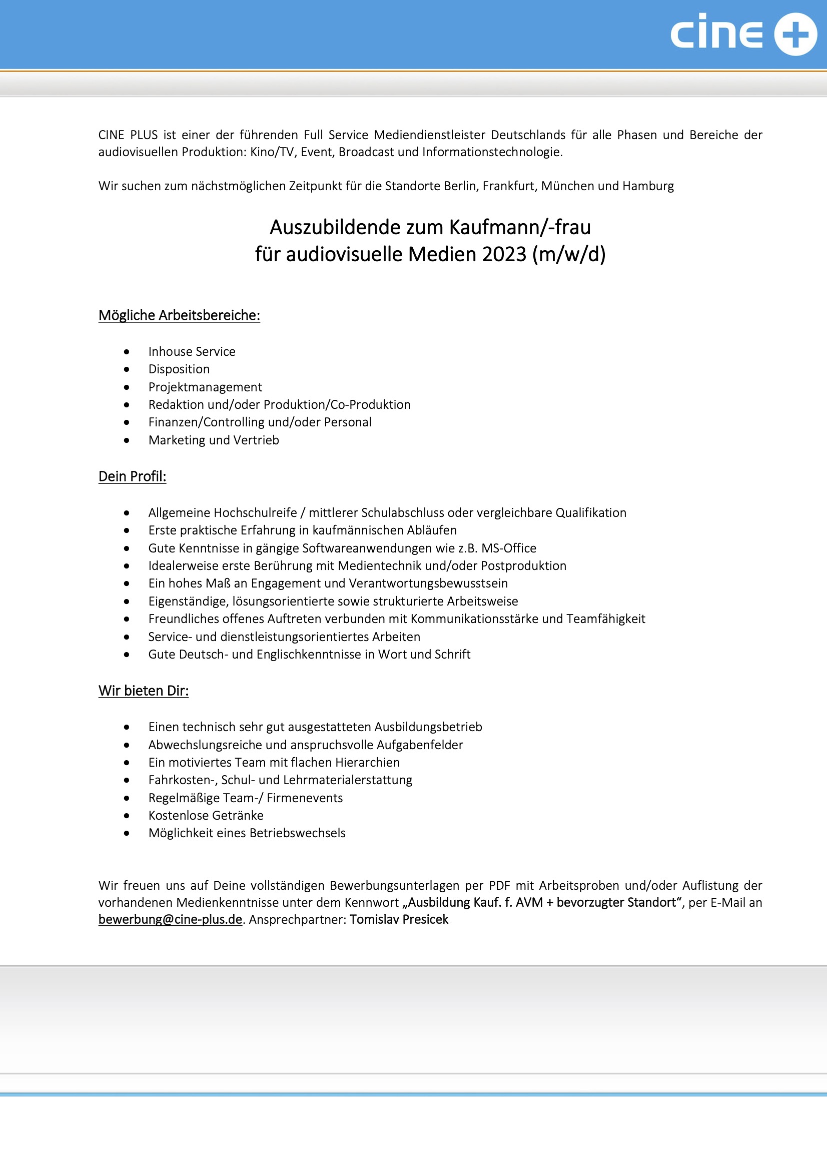 Auszubildende Kaufmann/-frau für audiovisuelle Medien (m/w/d)
