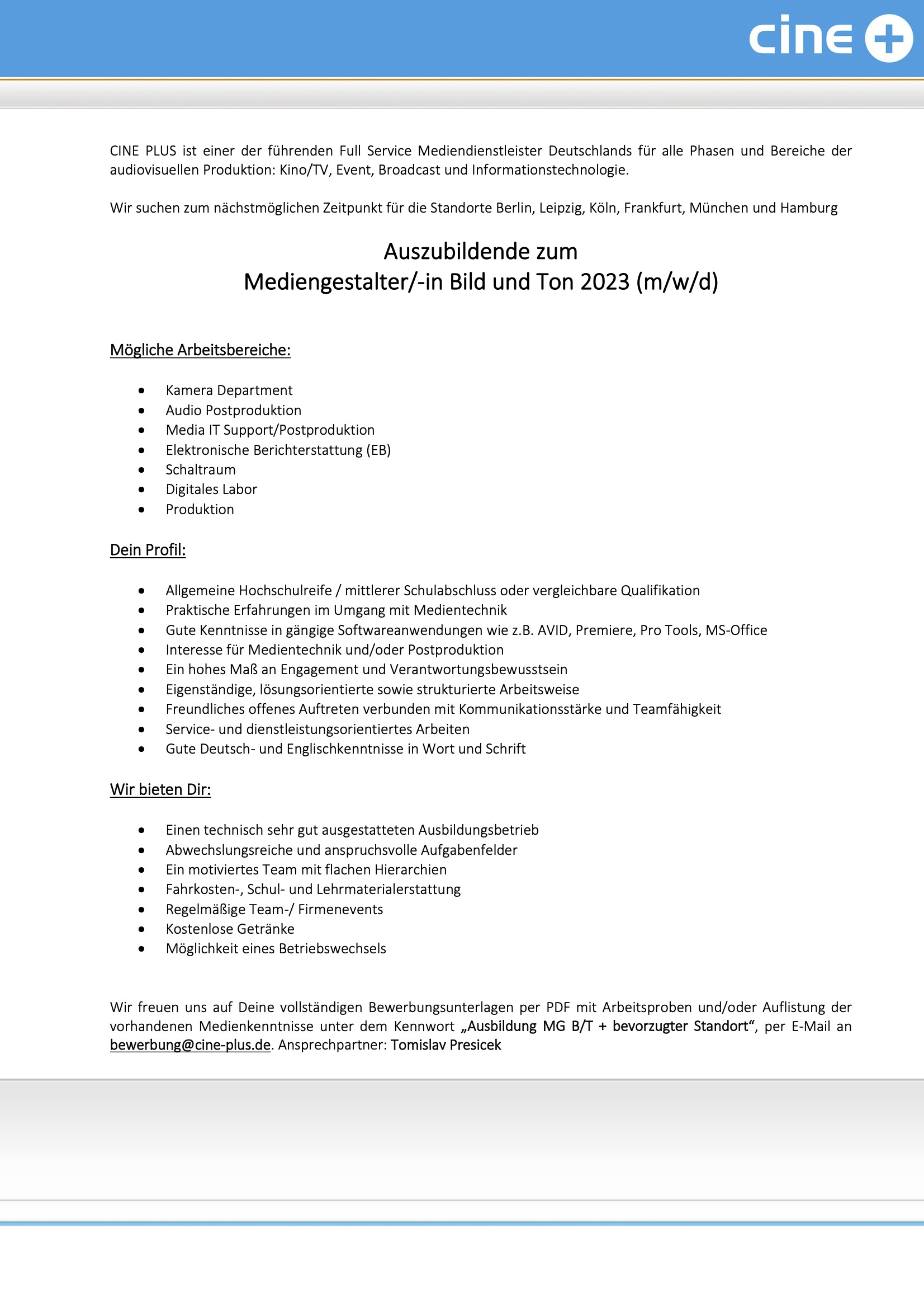 Auszubildende Mediengestalter/-in Bild und Ton (m/w/d)