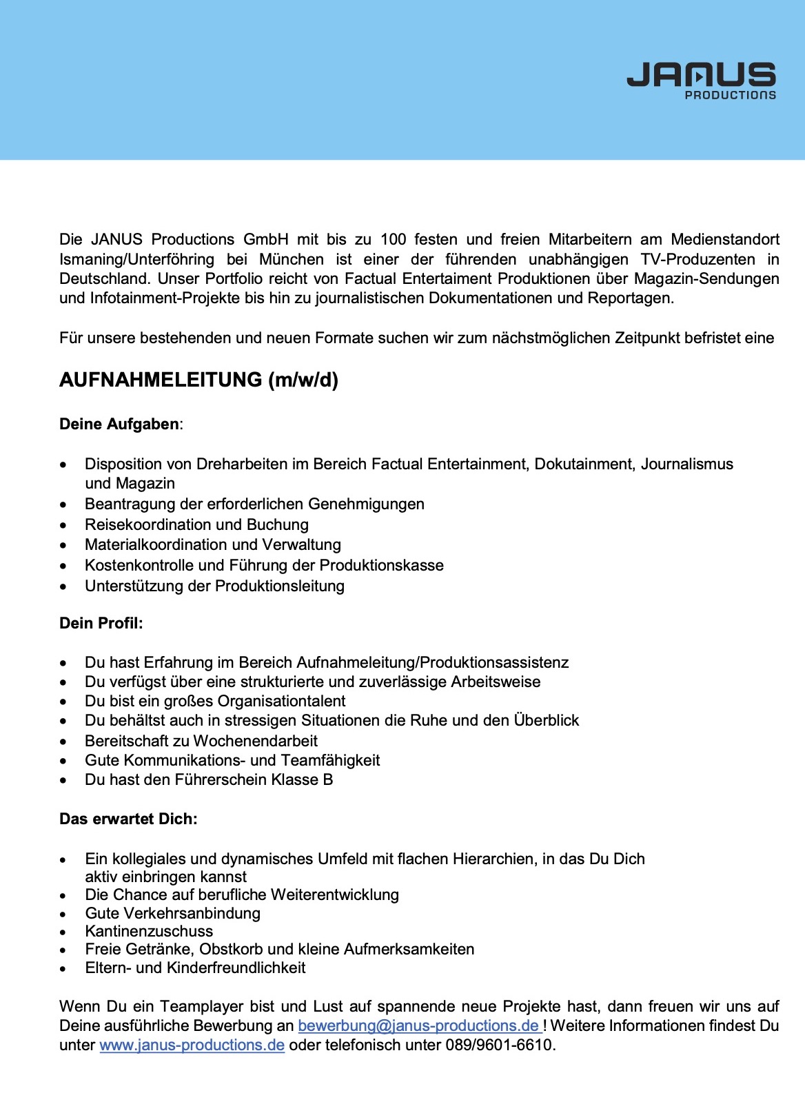 Aufnahmeleitung (m/w/d)