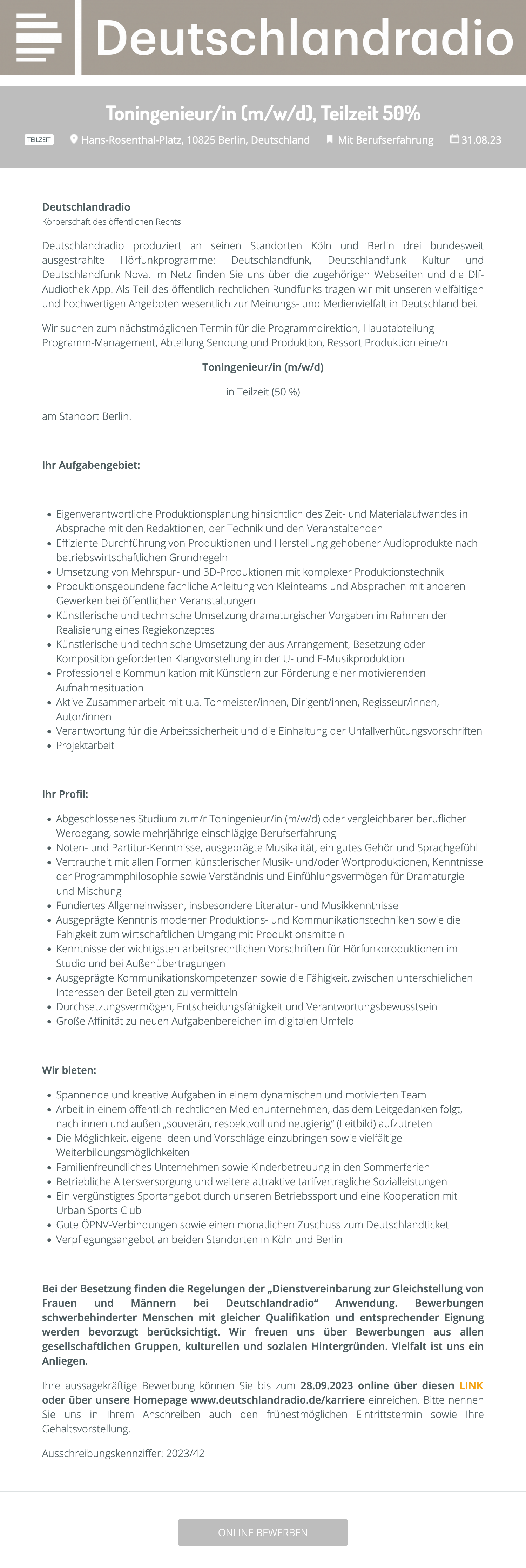 Toningenieur/in (m/w/d), Teilzeit 50% 