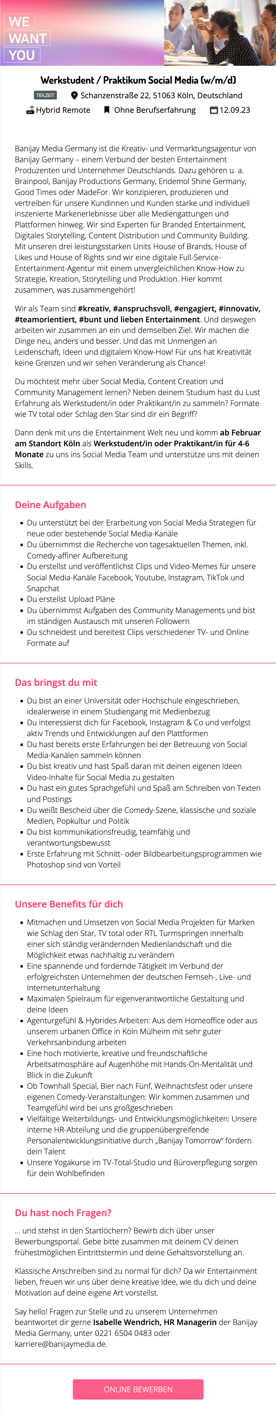 Werkstudent / Praktikum Social Media (w/m/d)