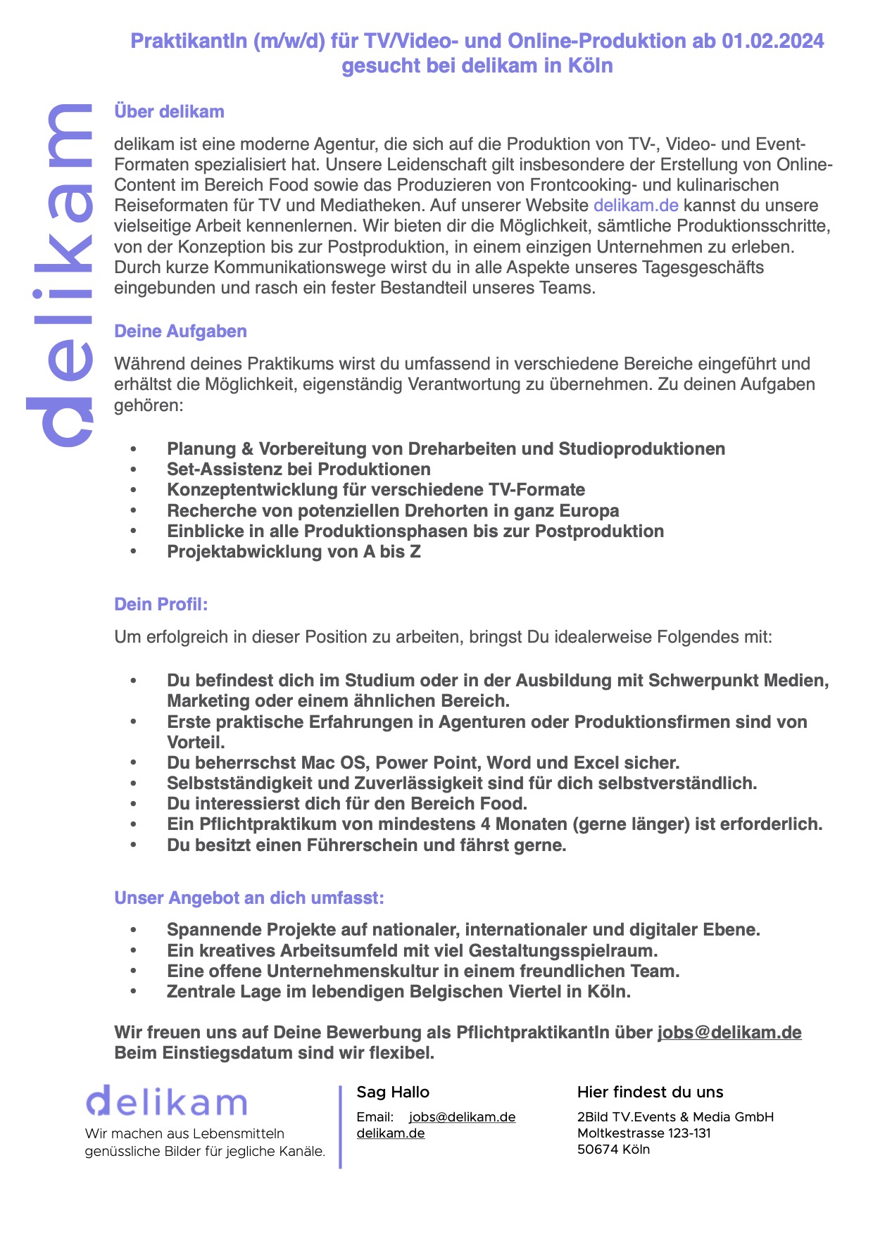 PraktikantIn (m/w/d) für TV / Video- und Online-Produktion