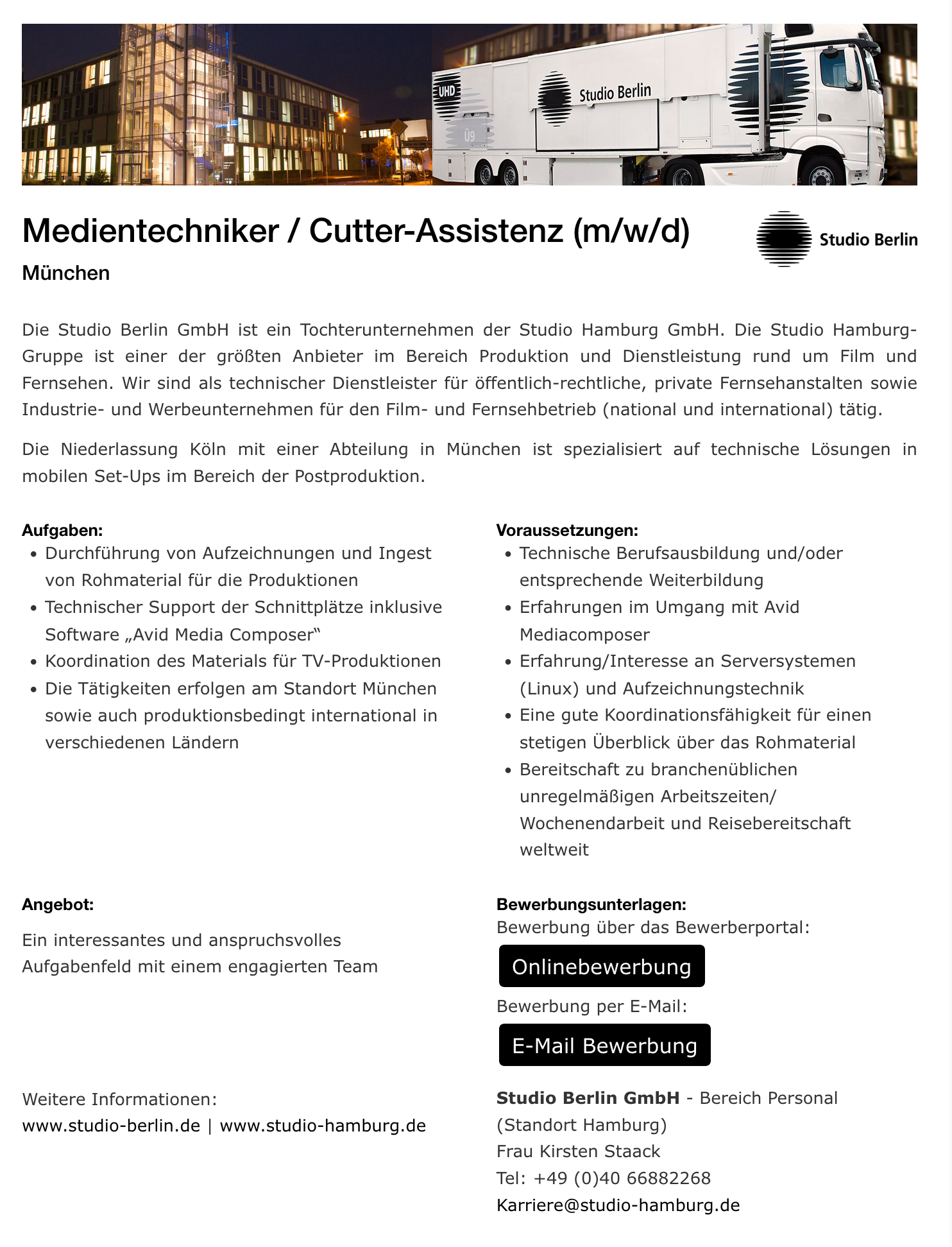 Medientechniker / CutterAssistenz (m/w/d) bei Studio Berlin GmbH DWDL.jobs