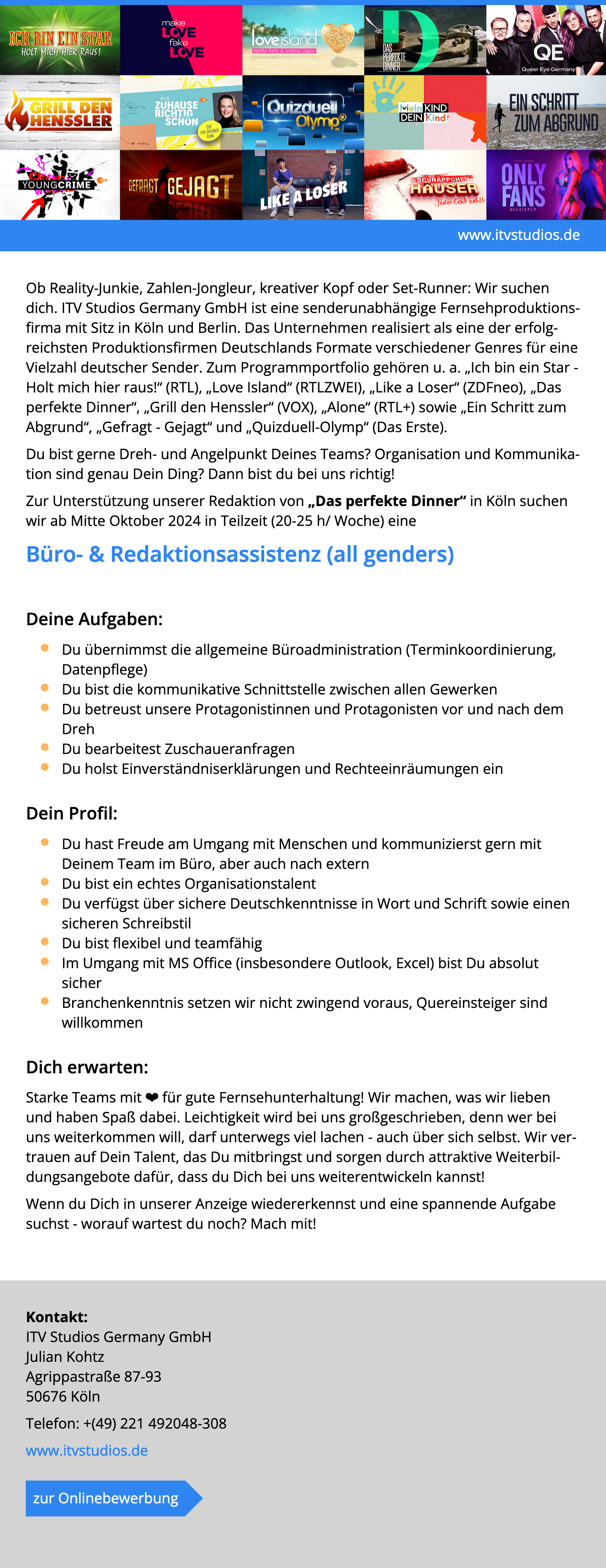Büro & Redaktionsassistenz (all genders) bei ITV Studios Germany GmbH DWDL.jobs