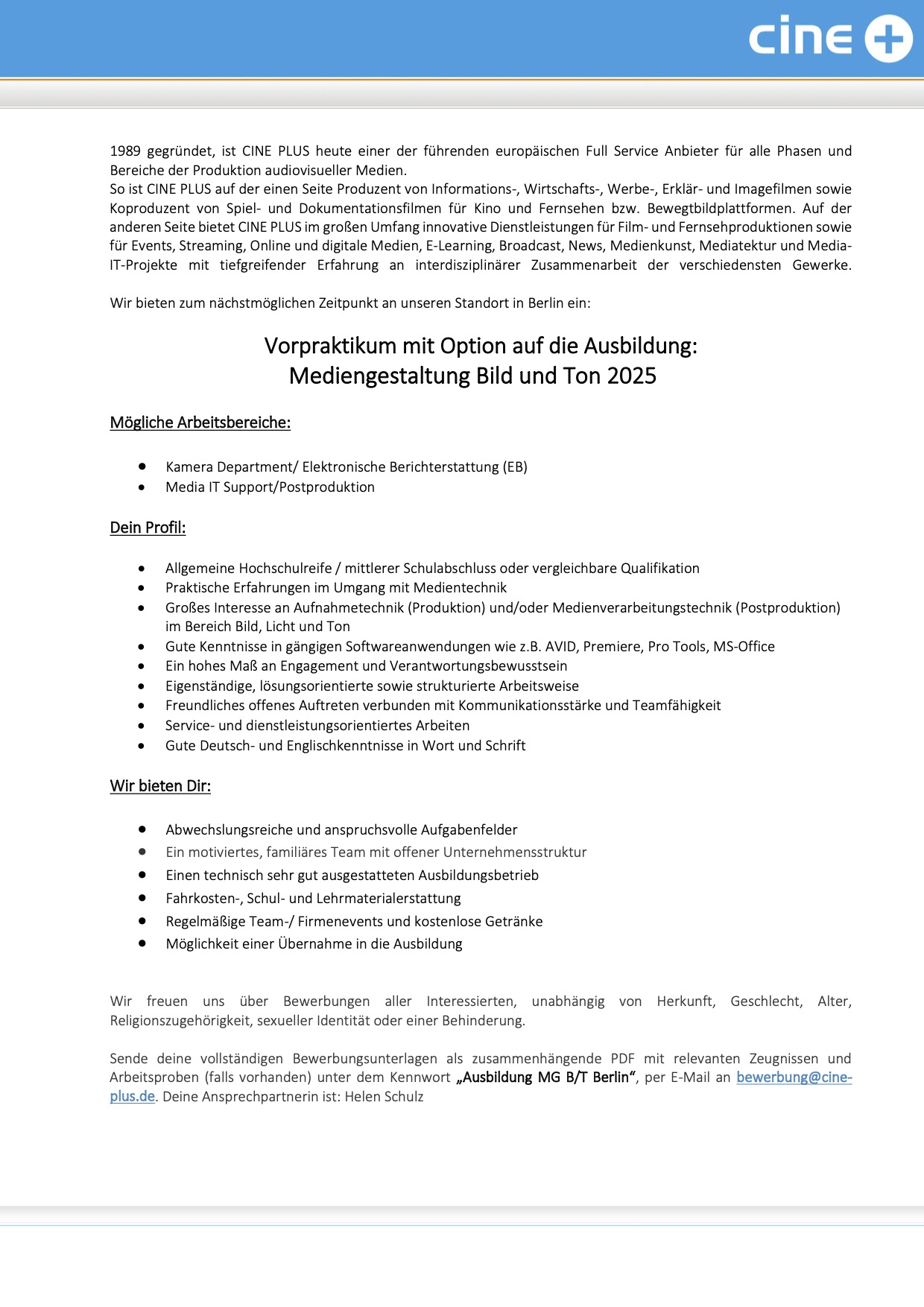 Vorpraktikum, Opt. auf Ausbildung: Mediengestaltung Bild und Ton 2025