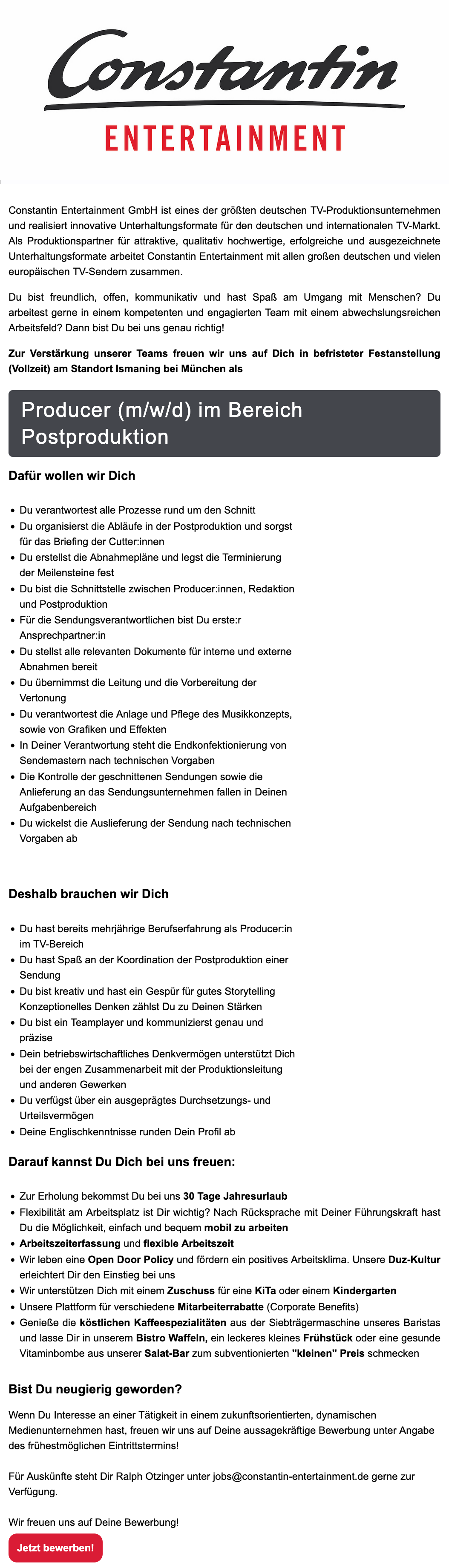 Producer (m/w/d) im Bereich Postproduktion 