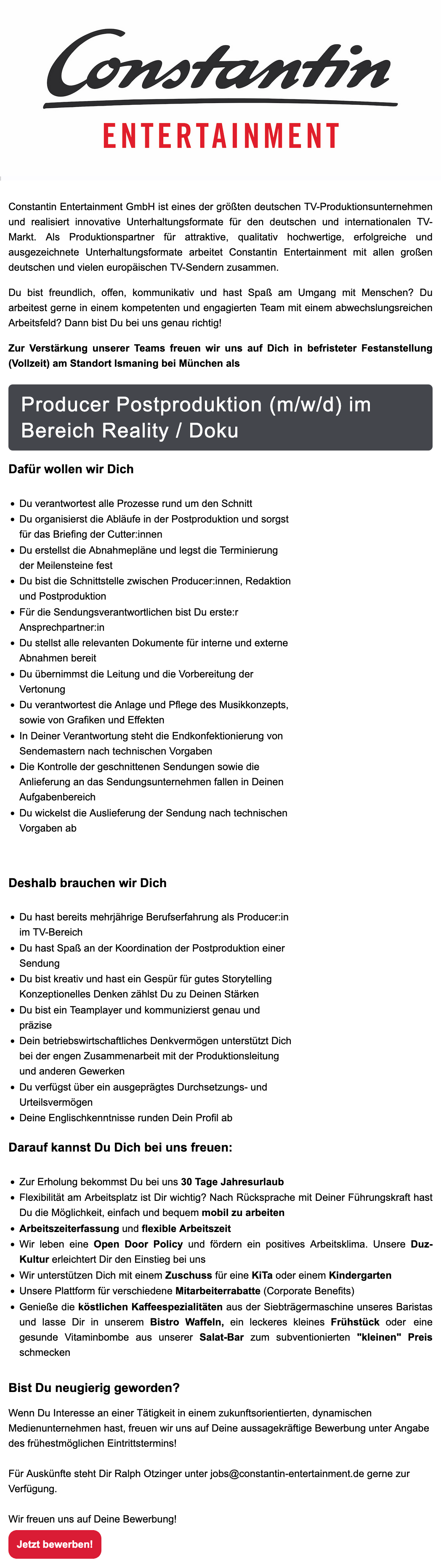 Producer Postproduktion (m/w/d) im Bereich Reality / Doku