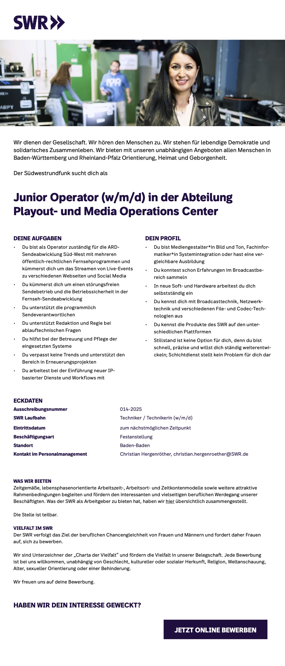 Junior Operator (w/m/d) Playout- und Media Operations Center